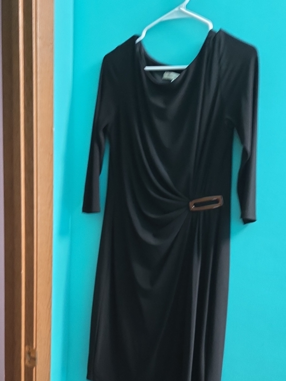 Evan Picone Black Long-Sleeve Draped Waist Dress with Buckle